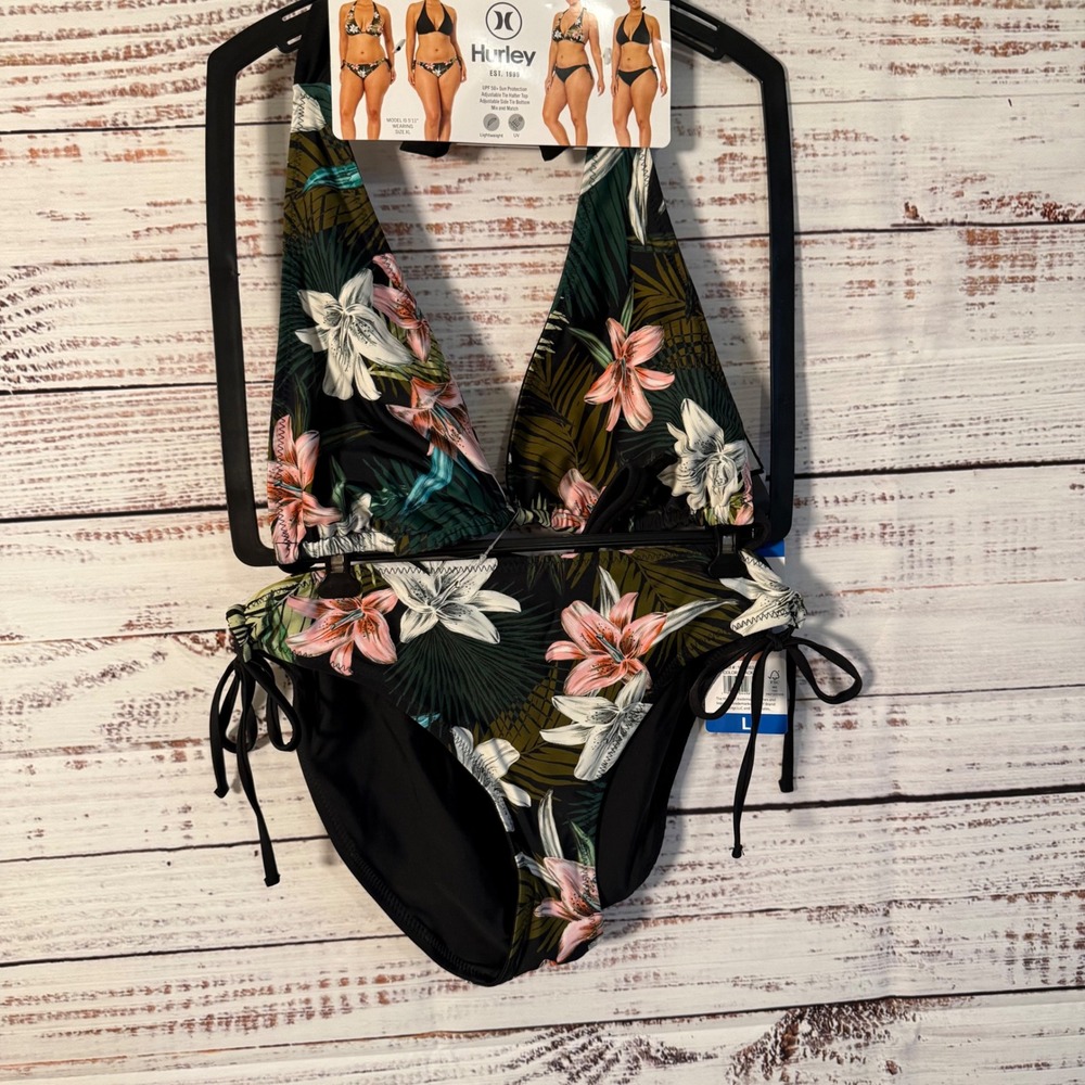Hurley Reversible 2-Piece Bikini Set Women Large Black Floral NWT UPF 50+